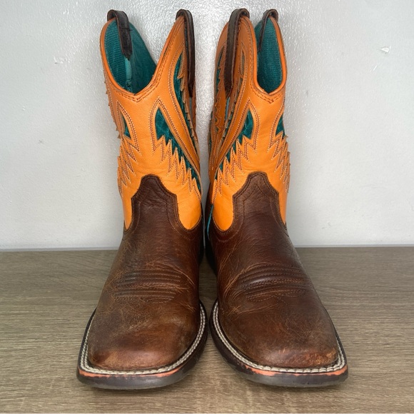 Ariat Quickdraw VentTek Western Wear Boots 4LR Youth 2 Orange Brown Blue Worn - Picture 2 of 15